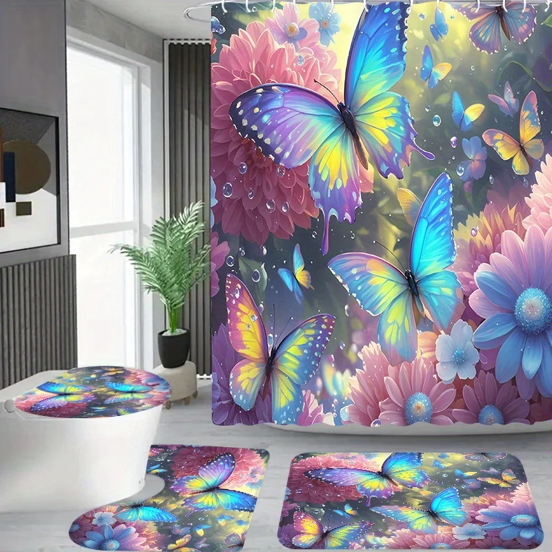 

4 шт., нежный узор бабочек и цветов, ванная комната в квартире, занавеска для душа в душевой комнате, комплект занавесок для душа в отеле