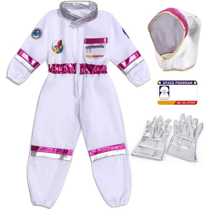 Astronaut Cosplay Spacesuit Costume Jumpsuit Workwear Uniform White Bodysuit with Hood Gloves Full Set for Girls Boys view 4