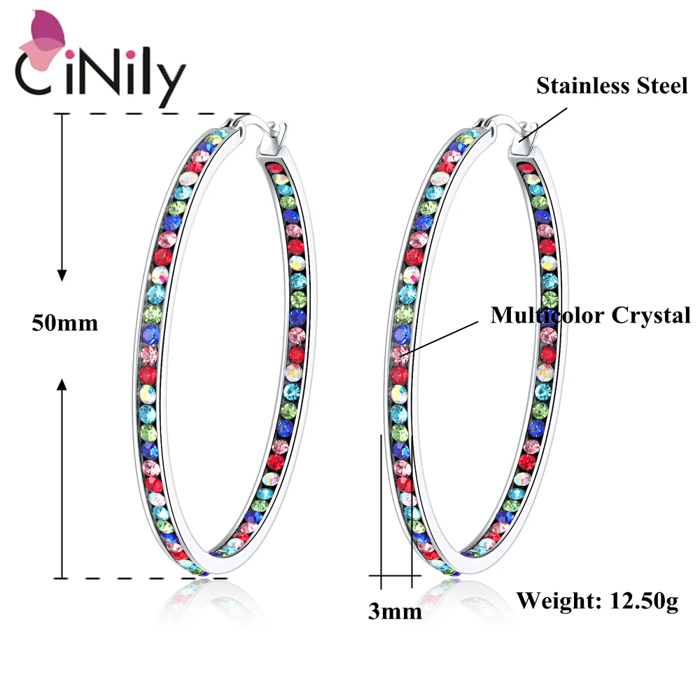 CiNily Luxury Mult-colors Crystal Stainless Steel Hoop Earrings for Women Wedding Fashion Jewelrys Big Earrings Fully-Jewelled