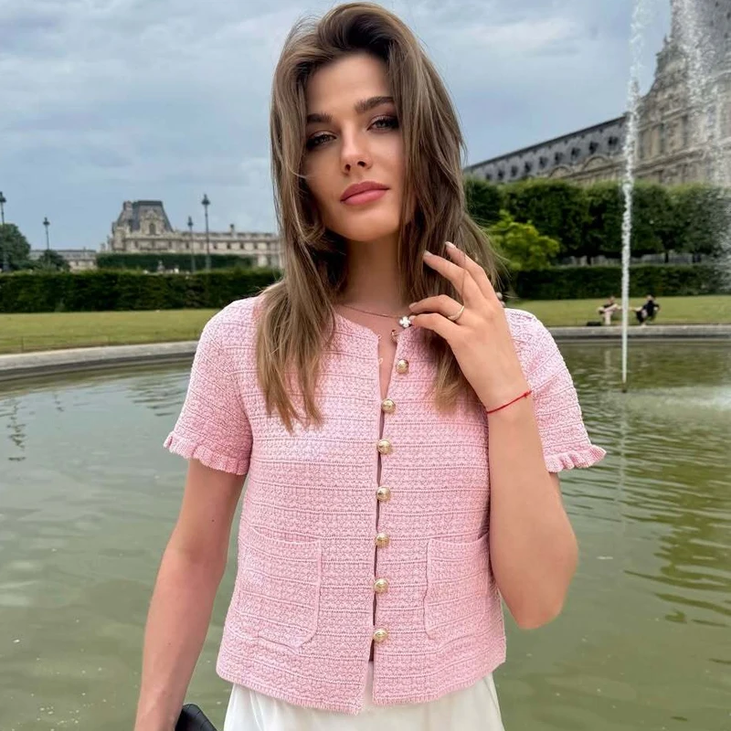 HXAO Crop-Strickjacke für Damen, Sommer-Strickwaren, 2025, Damen-Pullover, rosa, gebrochenes Weiß, O-Ausschnitt, kurze Ärmel, Bolero-Strickjacke für Damen