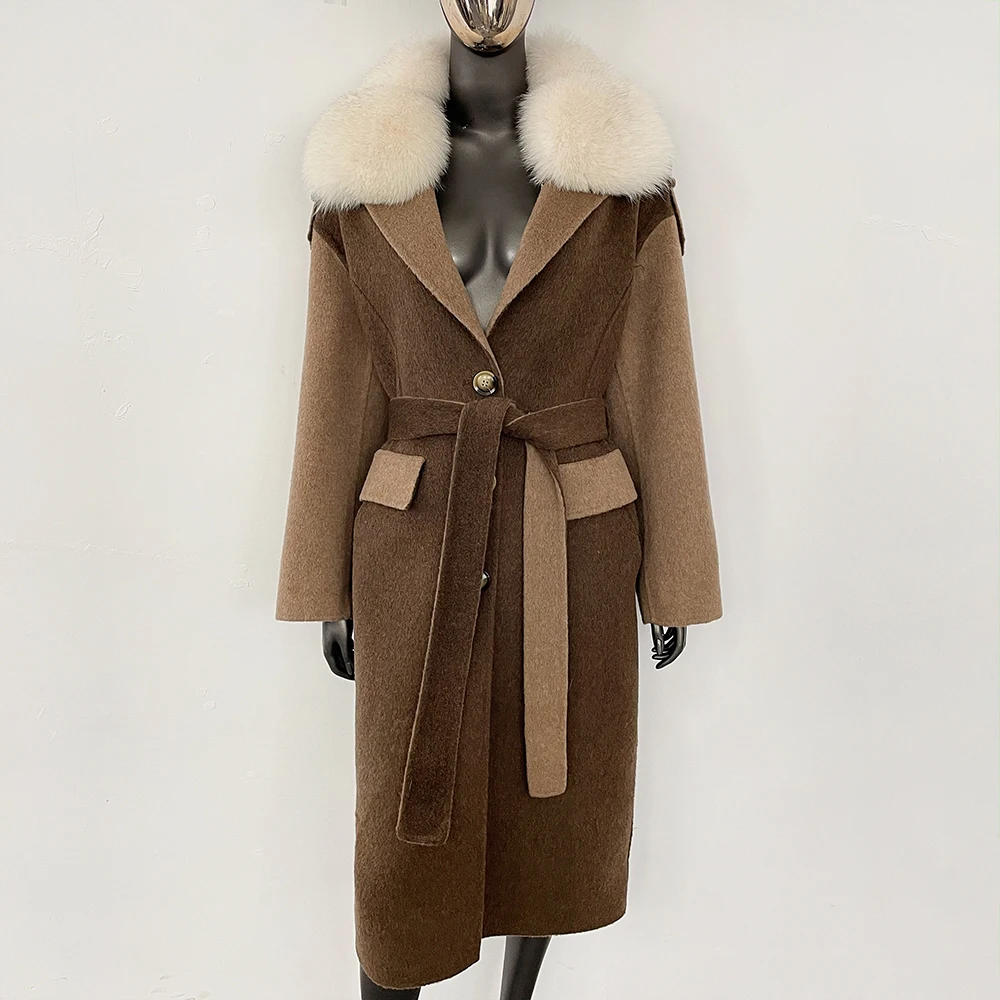 

Wool Blend Coat Women Belt Lace Up New Fox Fur Jacket Hooded Autumn Winter Long Large Fur Female Woolen Outerwear Real Fur Coat