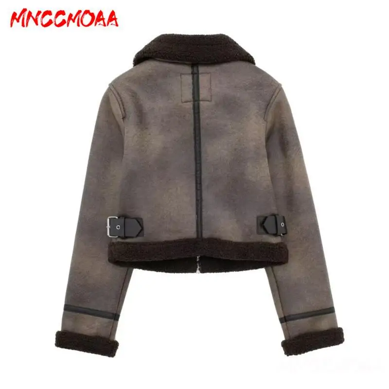 MNCCMOAA-Women\'s Vintage Thick Warm Double Sided Jacket Female Coat Casual Zipper Pockets Winter Outwear Top Ladies Fashion 2024