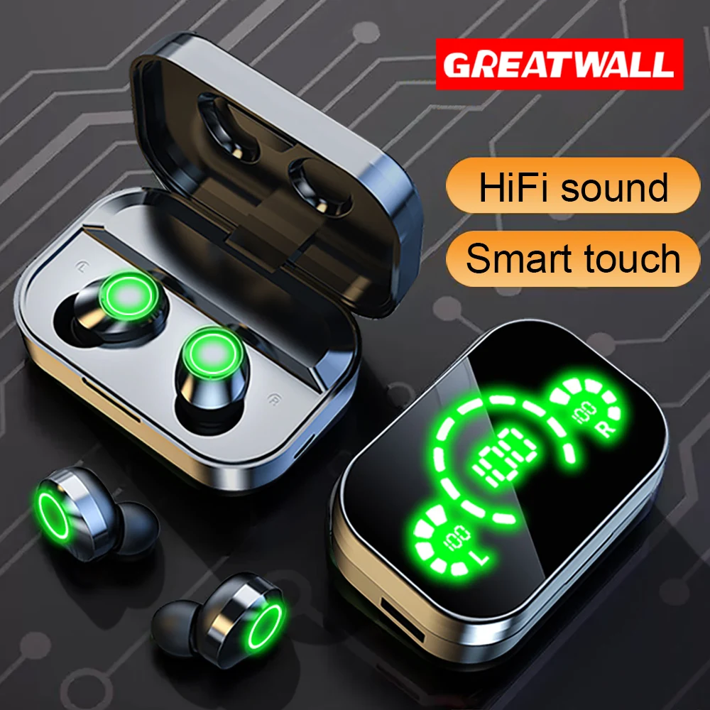 

GREATWALL YD03 Wireless Bluetooth Earphones HiFi Stereo Headset Charging Case Mirror Design Music Earbuds Big Screen LED Display
