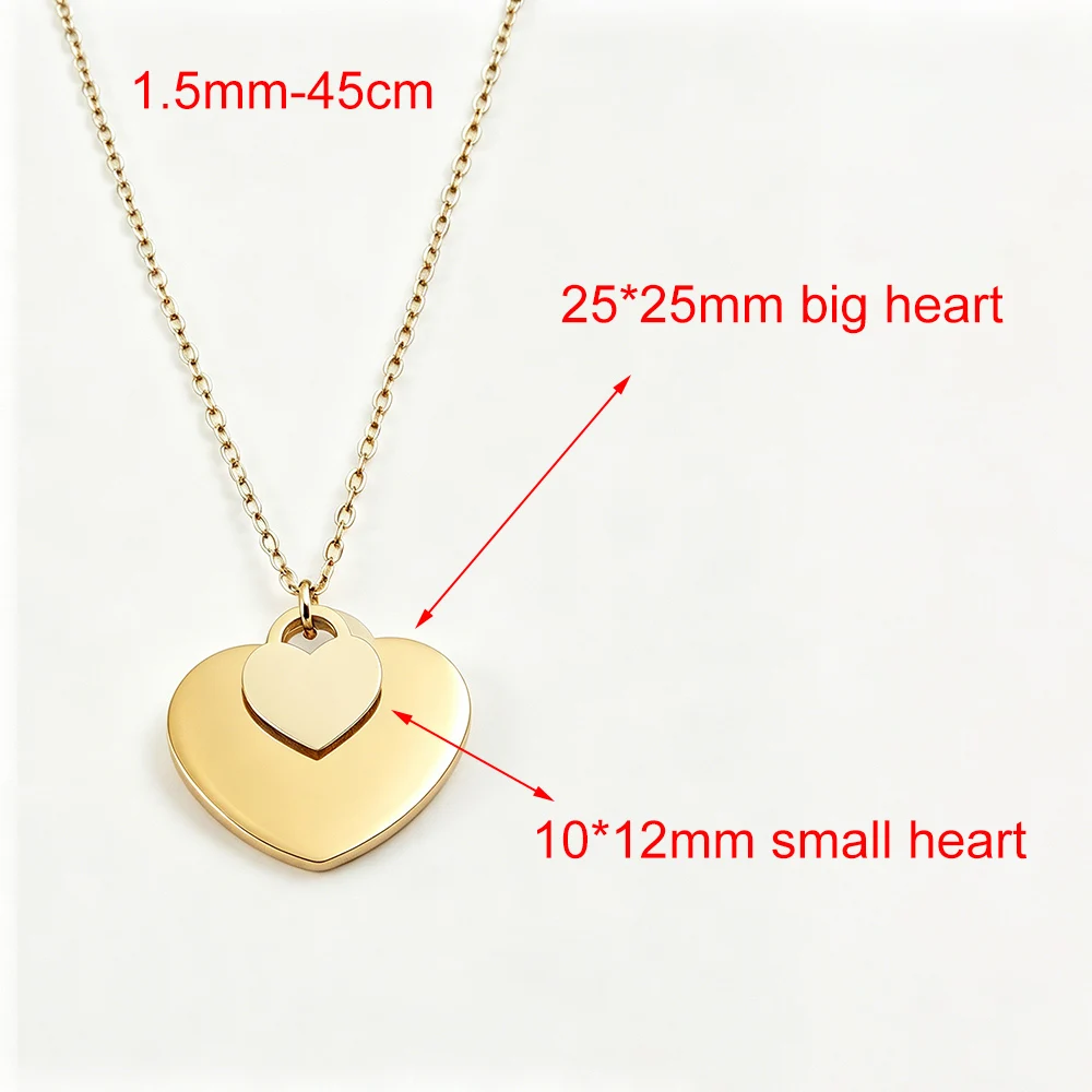 Fnixtar 10pcs Gold Color PVD Plating Double Heart Necklace Stainless Steel Two Love Pendant 18K Gold Necklaces Jewelry Gift