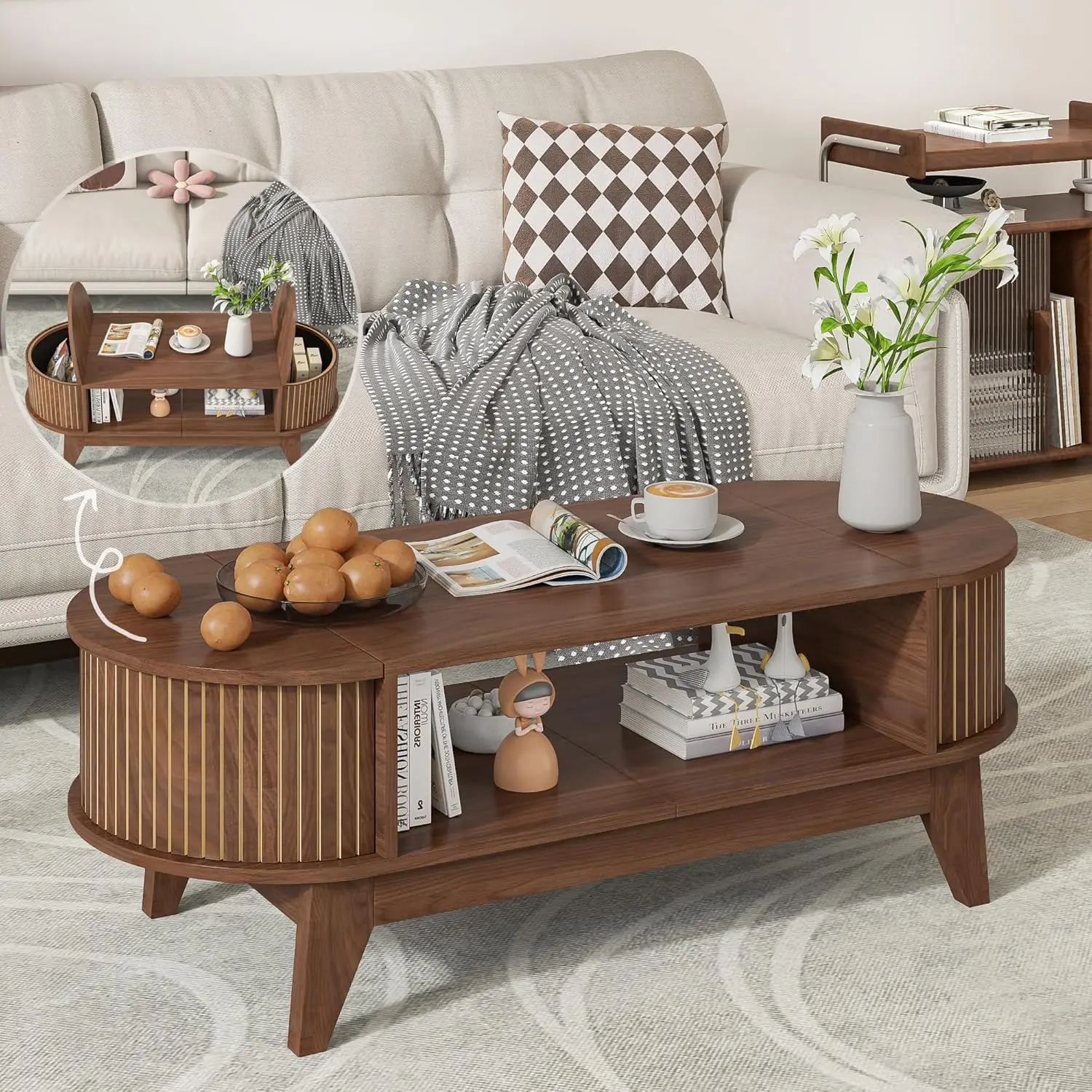 Table with Storage,Mid Century Modern Coffee Table with 2 Flip-Top Hidden Lids,Fluted Coffee Table,Wood Center Table for Living