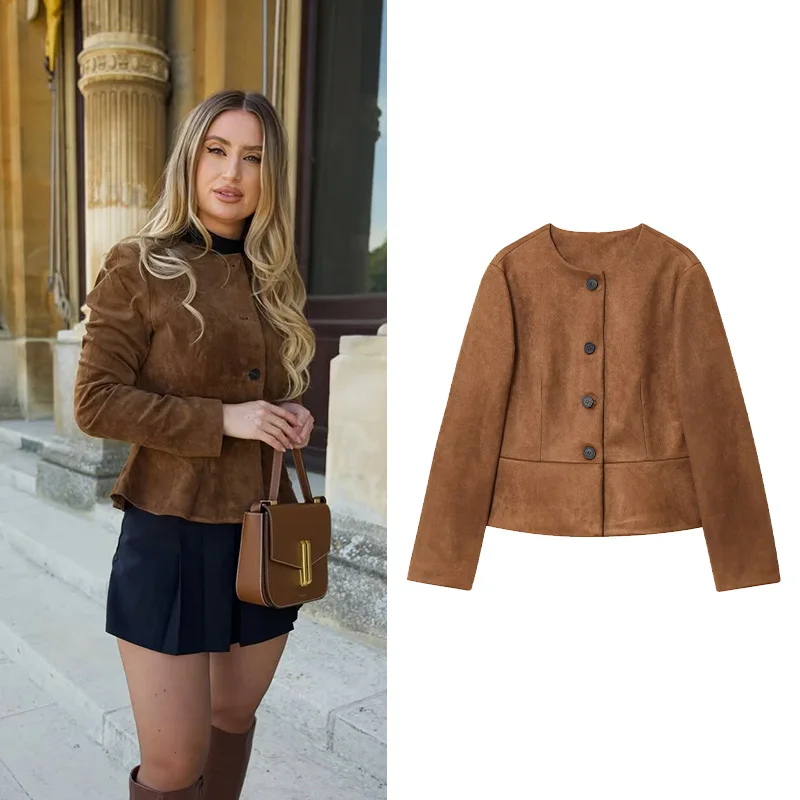 

Осенняя женская кожаная куртка с расклешенным краем, куртка на пуговицах с длинным рукавом и круглым вырезом, повседневные женские пальто, женские топы