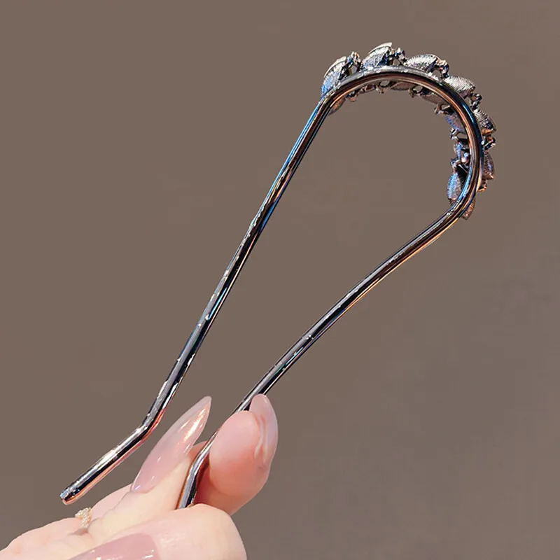 Crystal Leaf U-shaped Hairpin for Women Black Color High-end Metal Hair Clasp Summer Simple Bun Hair Sticks