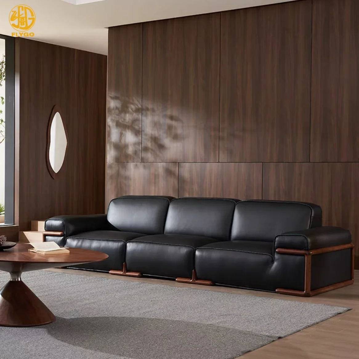 

Italian minimalist North American black walnut art sofa head layer cowhide sofa designer combination of in-line sofa