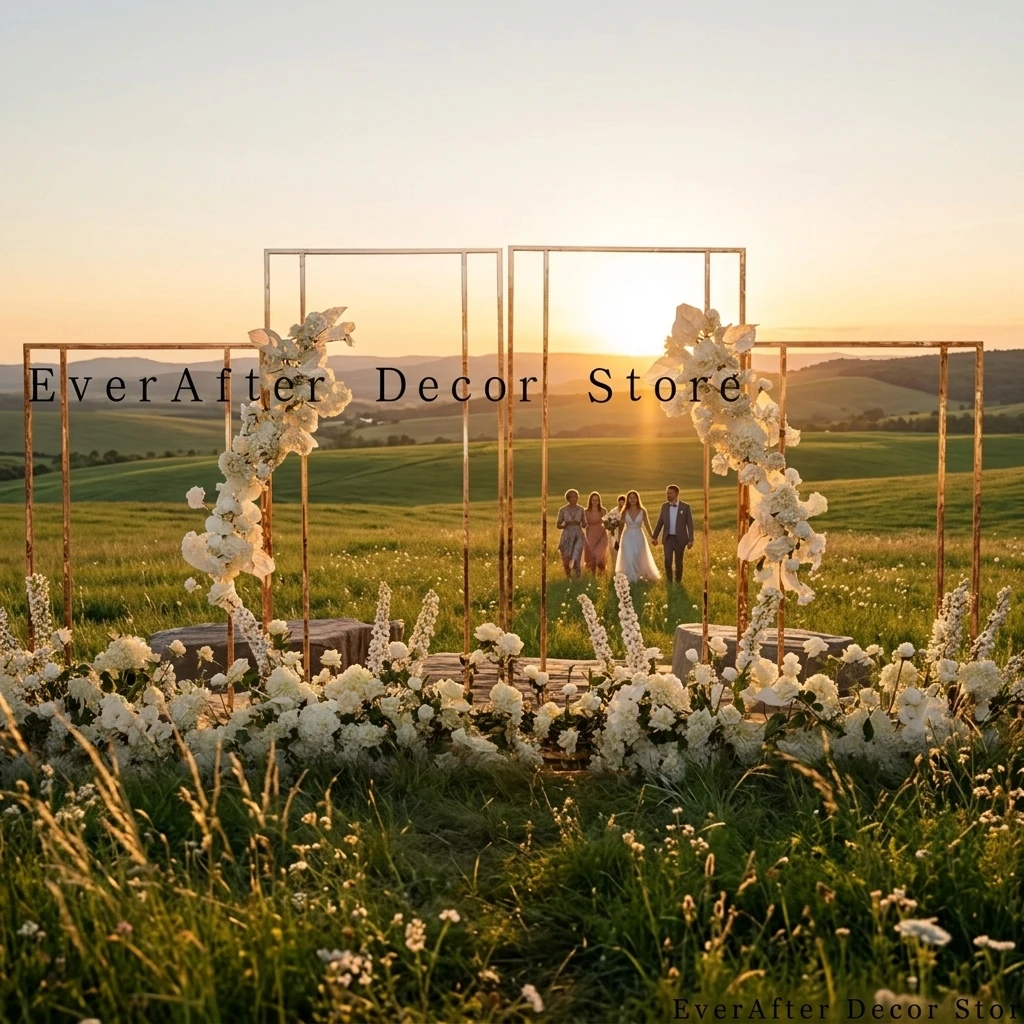 Gold Metal Wedding Arch Rectangular Backdrop Stand Geometric Frame Welcome Sign Holder Screen Panels for Stage Ceremony Decor