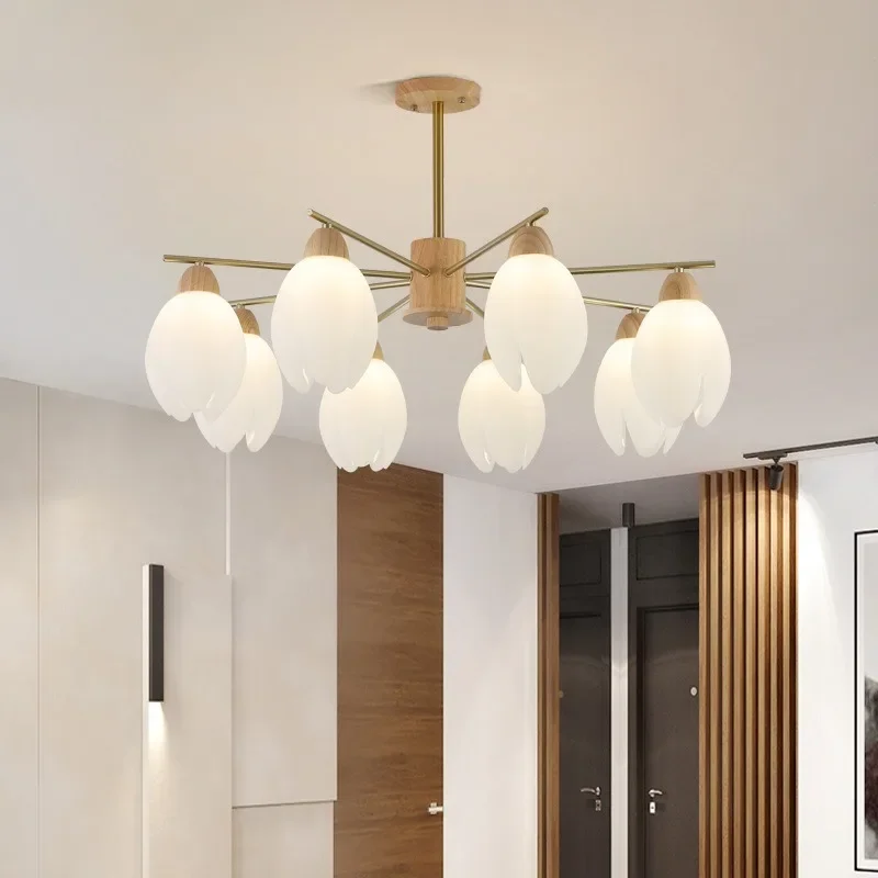 

Full spectrum wooden style living room pendant light, creamy white bell orchid bedroom minimalist modern light