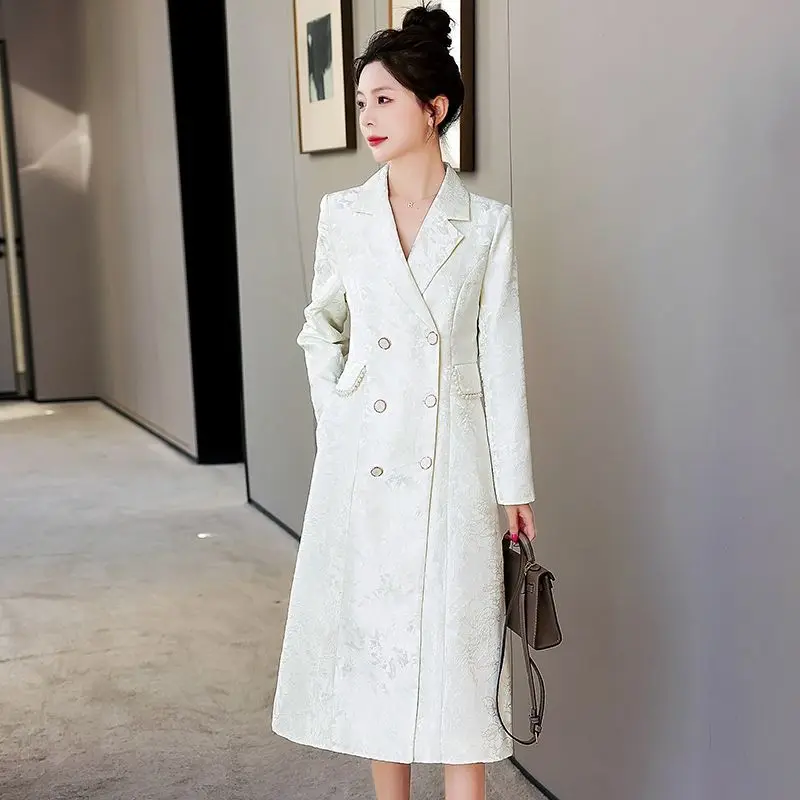 

Small Fragrant Wind Trench Coat 2024 Spring New Lady Elegant Long Below The Knee Jacquard Outwear Slim Fit Fashionable Outcoat