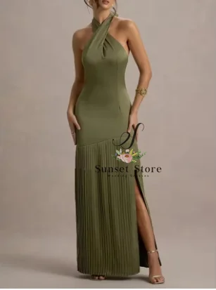 Customized Blue Floor-Length Satin Evening Dress Halter Sleeveless Prom Dress 2025 Pleated A-line Party Dress