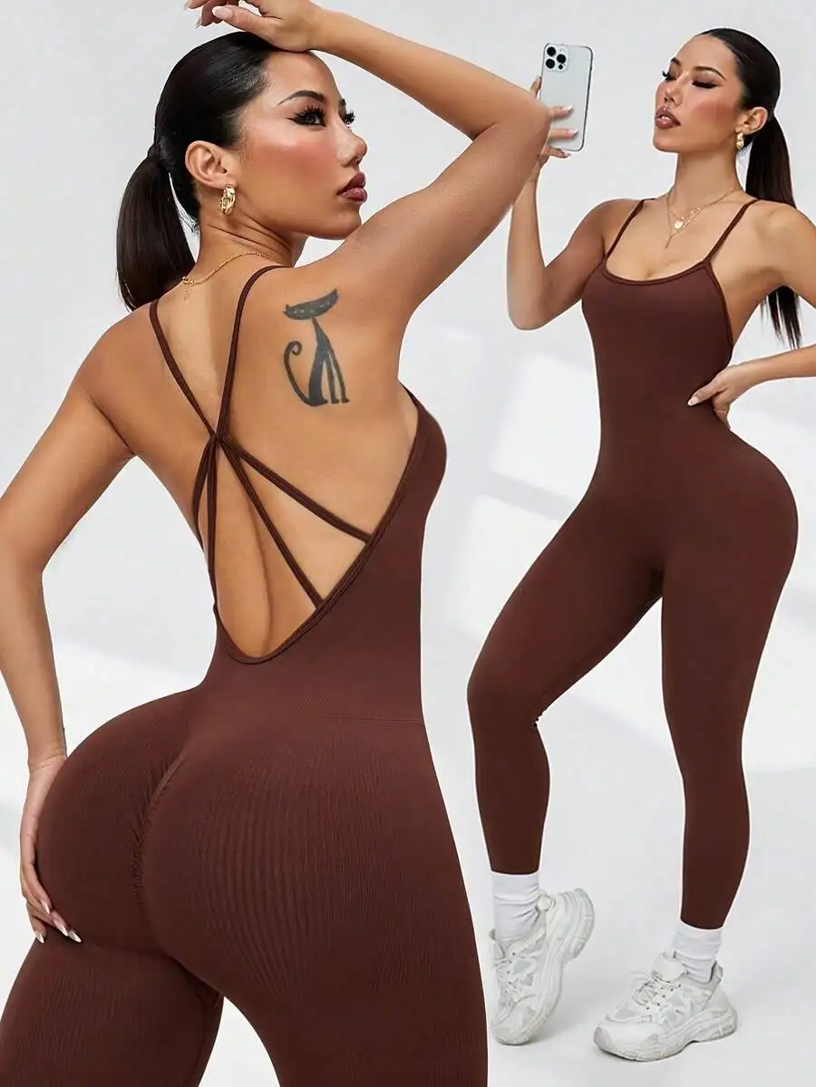 

Brown Seamless Strappy Back Jumpsuit High Stretch Sporty Bodysuit For Yoga Fitness