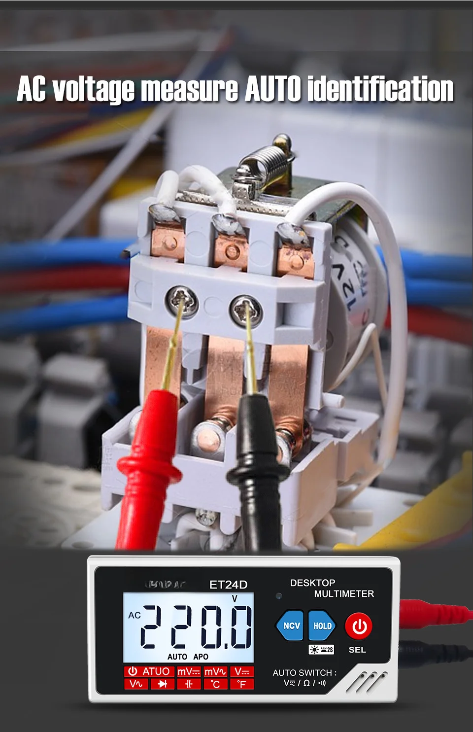 ET24D Desktop Digital Multimeter with True For RMS AC/DC Voltage Resistance Capacitance Diode Test and NCV Functionality