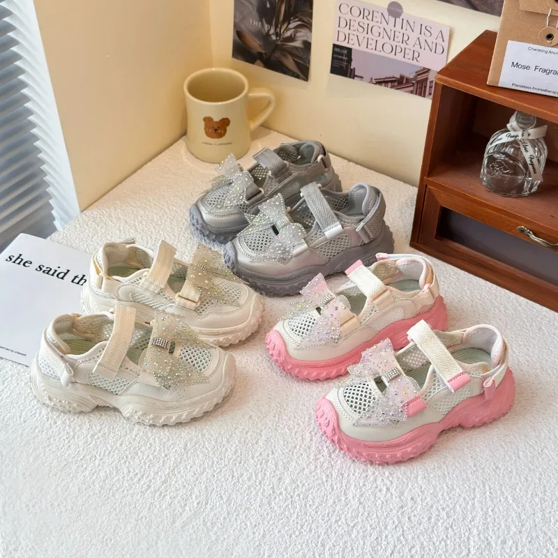 

2026 Summer New Fashionable Children's Sandals Casual Mesh Breathable Sandals Shining Lace Bow Children's Sports Sandals