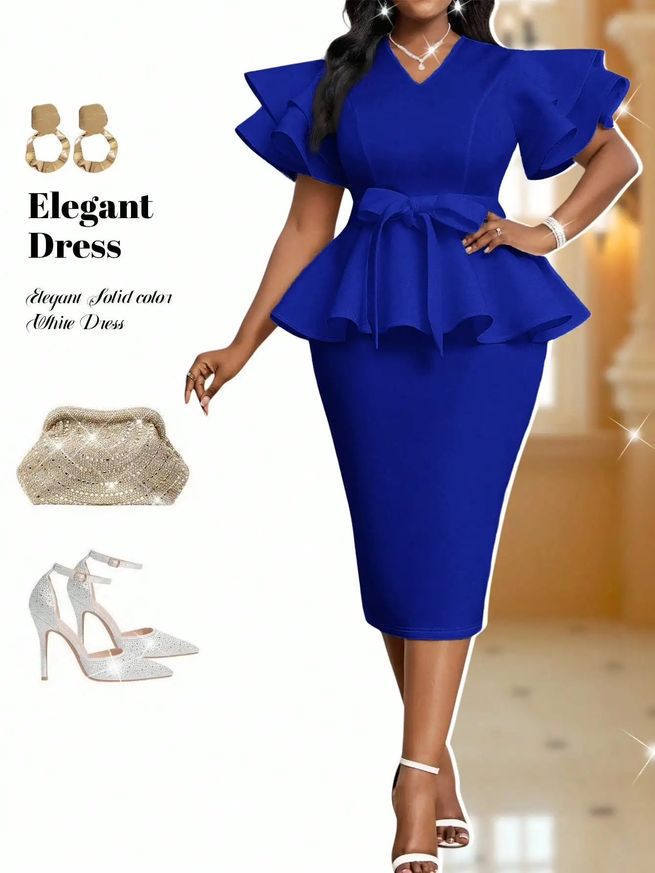 

Elegant Royal Blue V-Neck Flounce Sleeve Belted Ruffle Hem Midi Dress