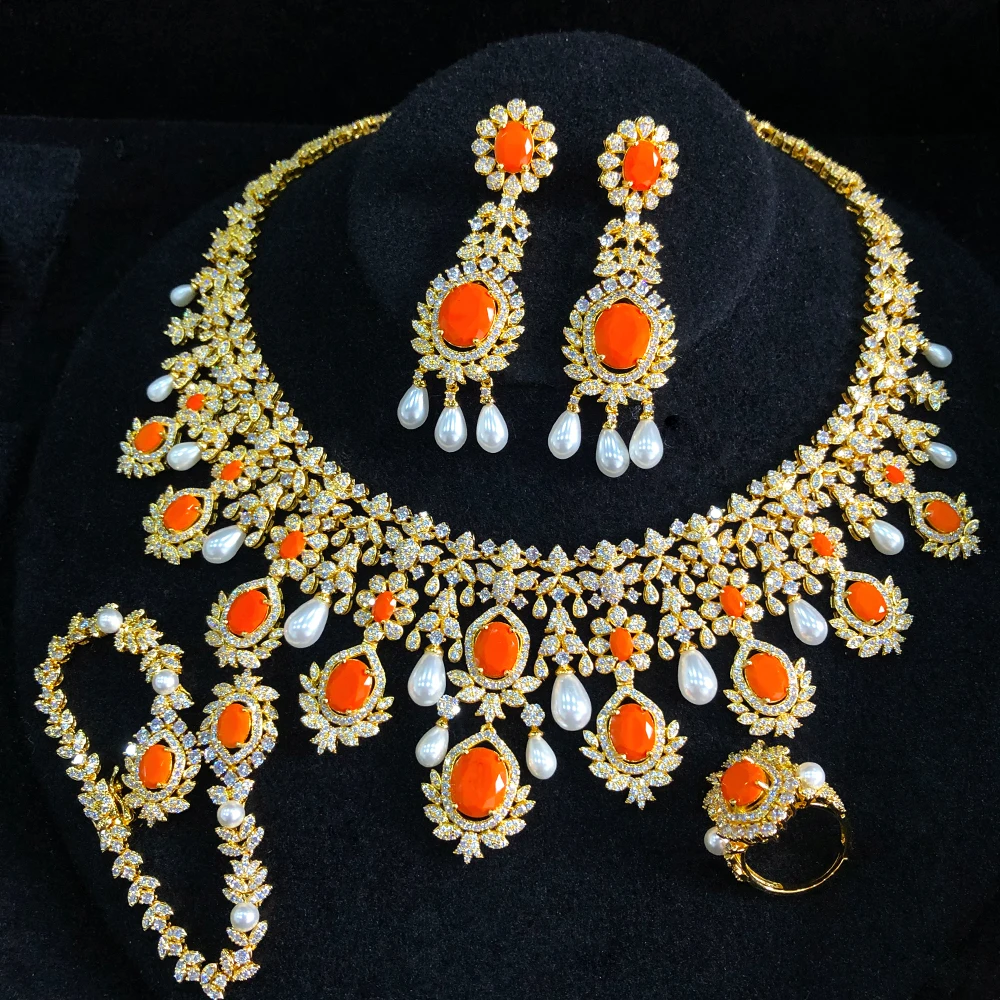 GODKI New Fashion Orange UAE Dubai Bridal Jewelry Set For Women Wedding Party Nigerian African Long Necklace Earring Set