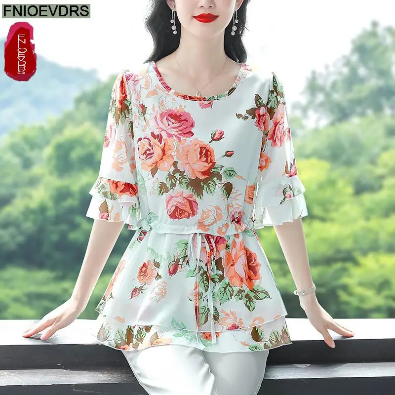 S-4XL Frauen Blume Blumen druck lange Tunika Kordel zug Schnür Chiffon Hemd Blusen Fliege Retro Vintage lose Schößchen Tops