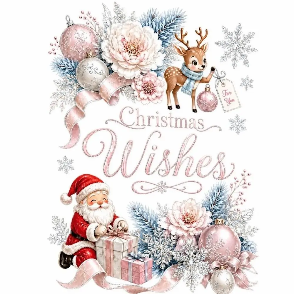 Pink Merry Christmas Window Sticker Static Cartoon Santa Deer Glass Cling Decals Electrostatic Xmas Tree Window Decals