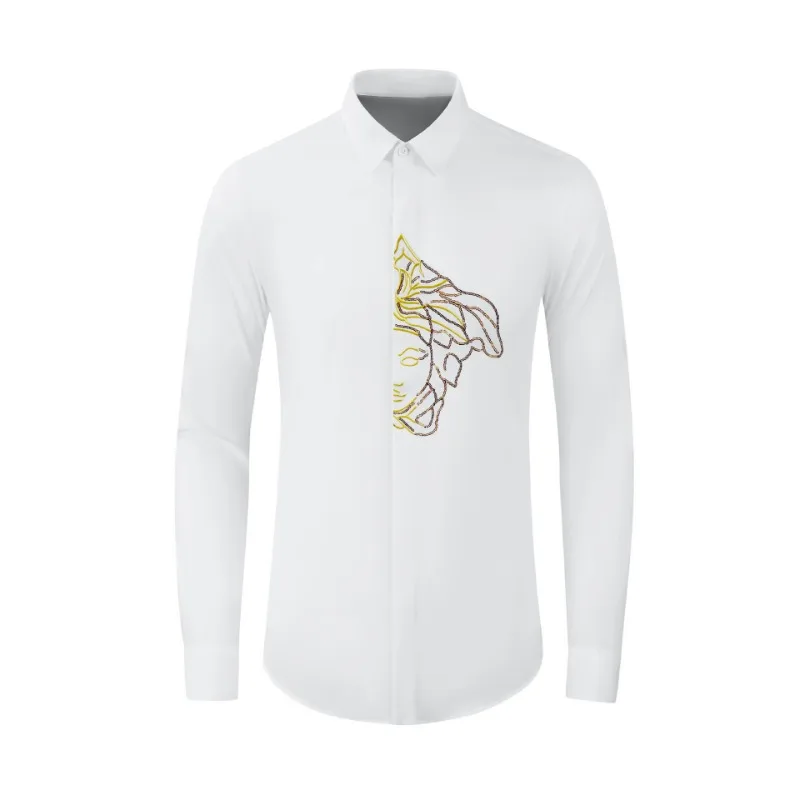 2024 New Half Face Beaded Embroidery Men\'s Slim Fit Fashion Shirt Avant-garde Cotton Top Men\'s Wear