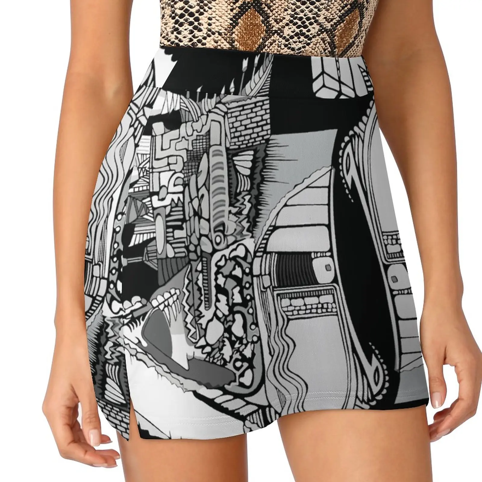 Black And White Surreal Drawing Detailed Zs002 Women's skirt Mini Skirts A Line Skirt With Hide Pocket Detailed Drawing Digital