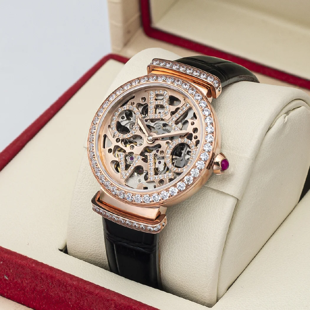 Oblvlo เคสนาฬิกาข้อมือผู้ชายโชว์กลไกสุดหรูสำหรับผู้หญิงสายหนังลูกวัวคริสตัลแซฟไฟร์หน้าปัดกันน้ำขนาด34มม.