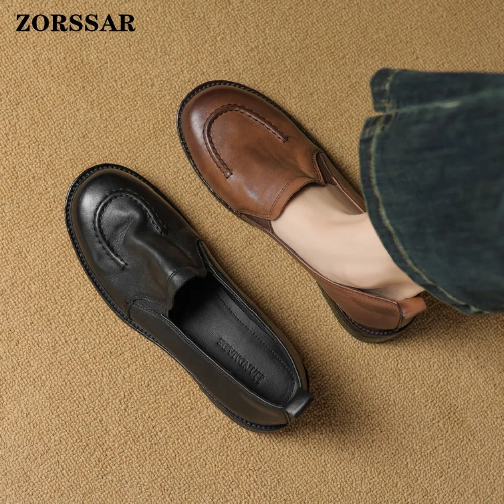 

Women's Slip on Leather Loafers Spring Autumn Ballet Shoes Ladies Casual Round Toe Retro Flats Single Shoe Sneakers Plus Size 40