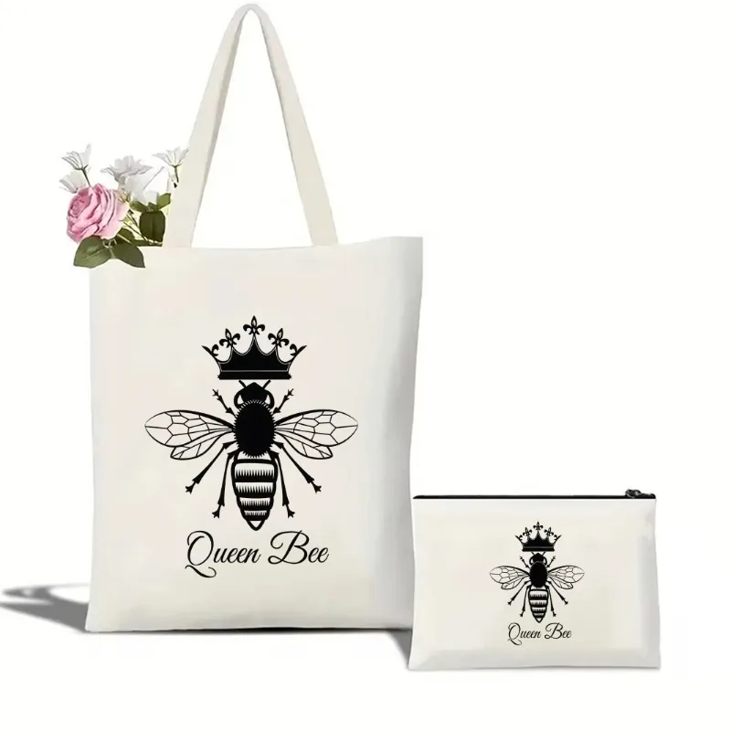 Queen Bee Pattern Handbag Tote Bag Environmentally Friendly Lightweight Canvas Shopper Portable Women's Crossbody Cosmetic Bag