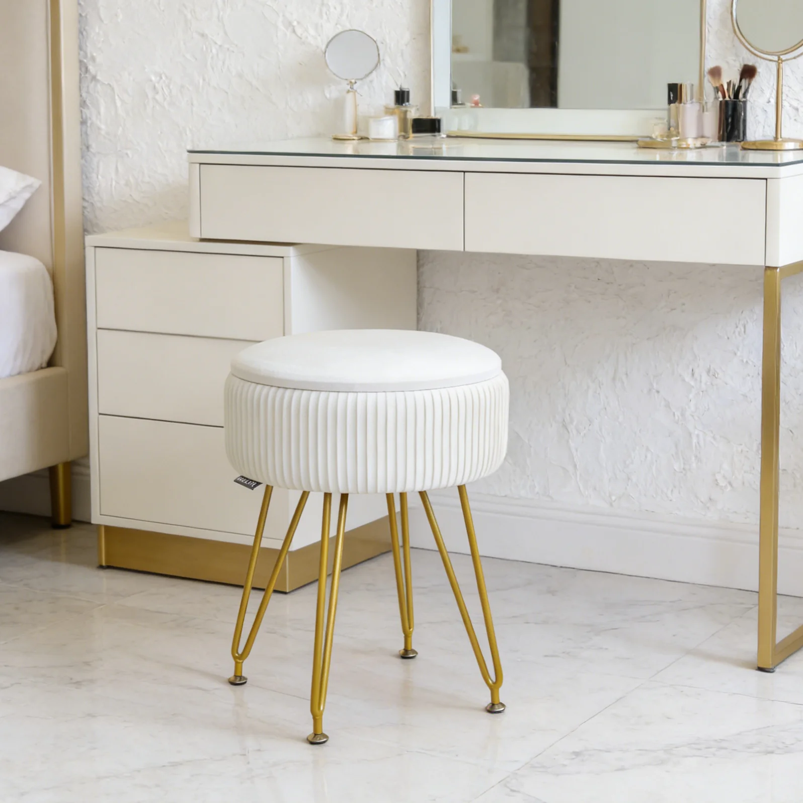 1 unidad, taburete de almacenamiento, silla para el hogar, patas de metal, taburete de maquillaje estilo crema para dormitorio con almacenamiento y tapa, para belleza y manicura