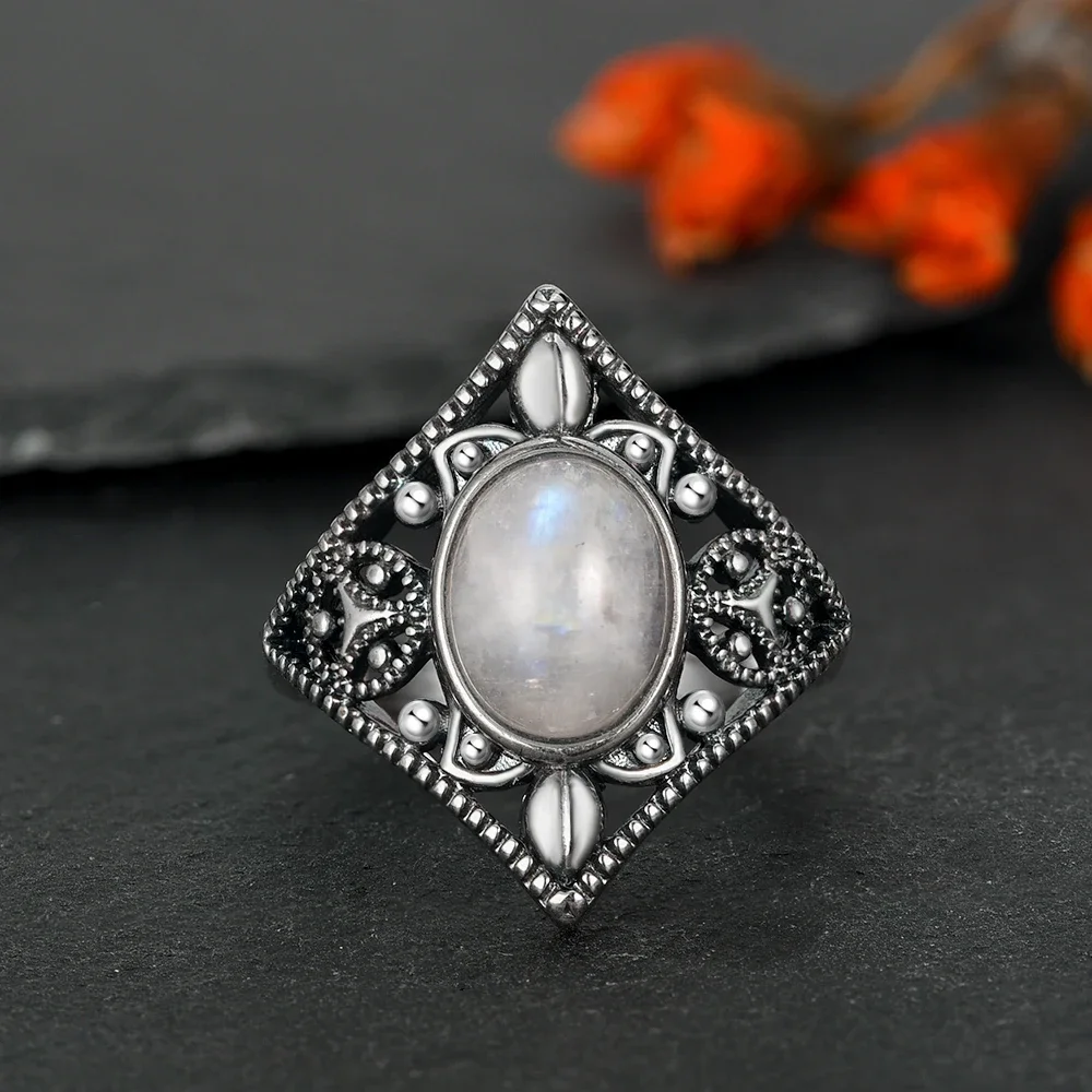 Vintage 925 Silver Ring Natural Moonstone Denier Type Horse Eye Design for Women Men Exquisite Packing Gift  Engagement ring