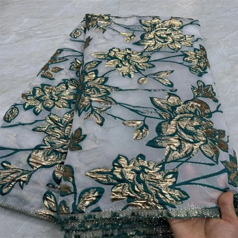 Green African Brocade Damask Jacquard Luxury Fabric 2024 Nigerian Floral Gilding Lace Dress Material Women Brocard Tissu 5 Yard