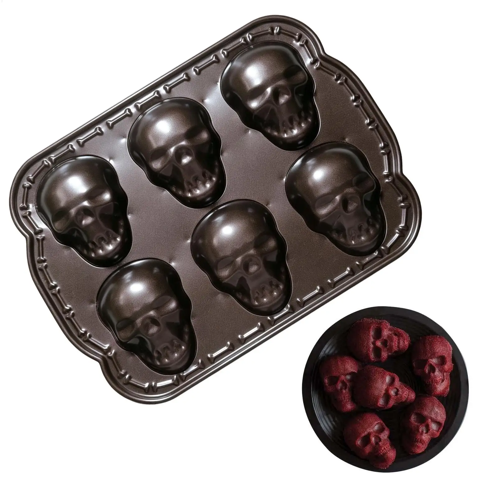 Skeleton Cake Mold 6-Cavity Metal 3D Cookie Bakeware Tray Halloween Skeleton Mold for Home Apartment Restaurant Bakery Kitchen
