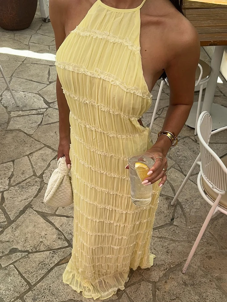 TARUXY Fashion Backless Ruched Long Dress For Women Halter Lace Up Sexy Ruffle Dress Loose Female 2025 Summer New Vacation Dress