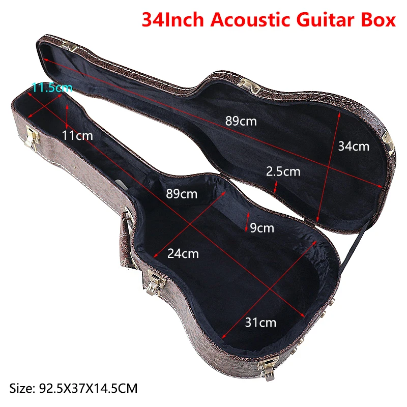 Brown 34 Inch PVC Leather Material Hardcase Leather Guitar Hard Case Wood Box Hard Box Guitar Case Velvet with Foam Lining