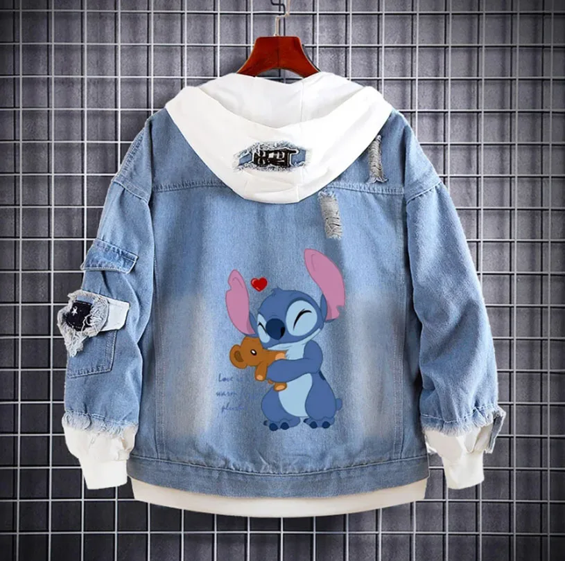 Lilo Stitch DENIM แจ็คเก็ตเด็กผู้ชาย, สเวตเชิ้ตมีฮู้ดลายการ์ตูนฮิปฮอปฮาราจูกุสตรีทแวร์เสื้อโค้ทยีนส์ลำลองสำหรับเด็กผู้ใหญ่