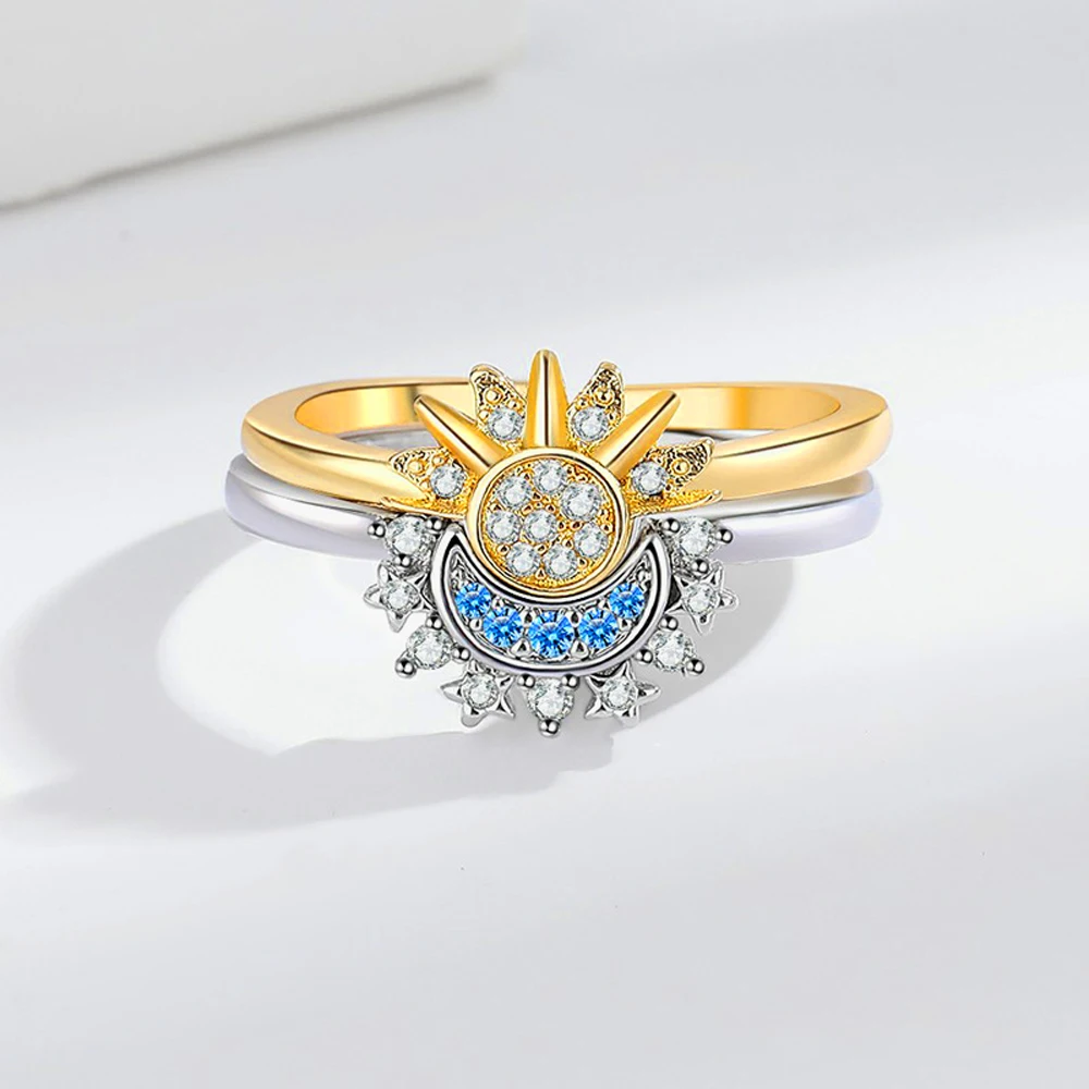 Couple's Sparkling Sun and Moon Adjustable Promise Rings