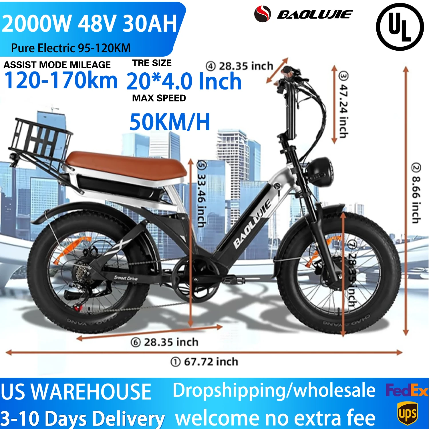 BAOLUJIE دراجة كهربائية للبالغين 2000 واط و 1200 واط E-الدراجة 20*4 بوصة الدهون الإطارات 48 فولت 30AH باتري دراجة كهربائية شيمانو 7 سرعات E-الدراجة #1