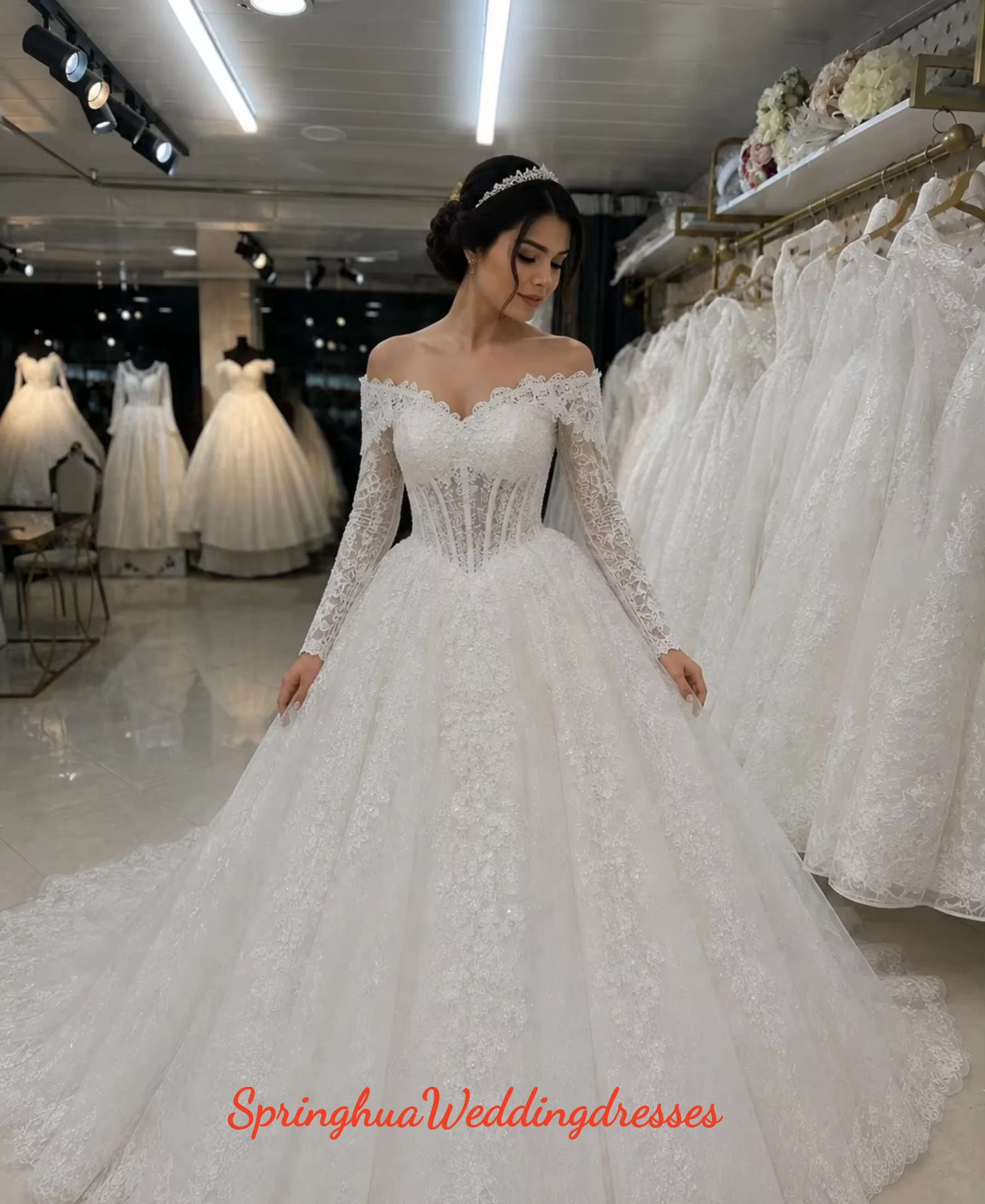Customzied Luxury Lace Long Sleeve Off Shoulder A Line Wedding Dress Elegant Princess Bridal Gown Vestidos De Novia