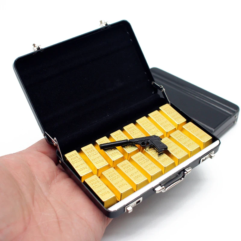 1Set Dollhouse Miniature Aluminum Alloy Suitcase Gold Bar Weapon Shooting Toys Model Password Cash Money Box Model Kids Toy