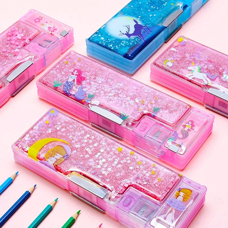 

Pencil Case Unicorn Quicksand Pencil Cases Multifunctional Estojo Escolar Kawaii Plastic Pen Box Trousse School Stationery