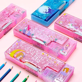 Kalem kutusu Unicorn Quicksand kalem kılıfları çok fonksiyonlu Escolar jo Escolar Kawaii plastik kalem kutusu Trousse okul kırtasiye