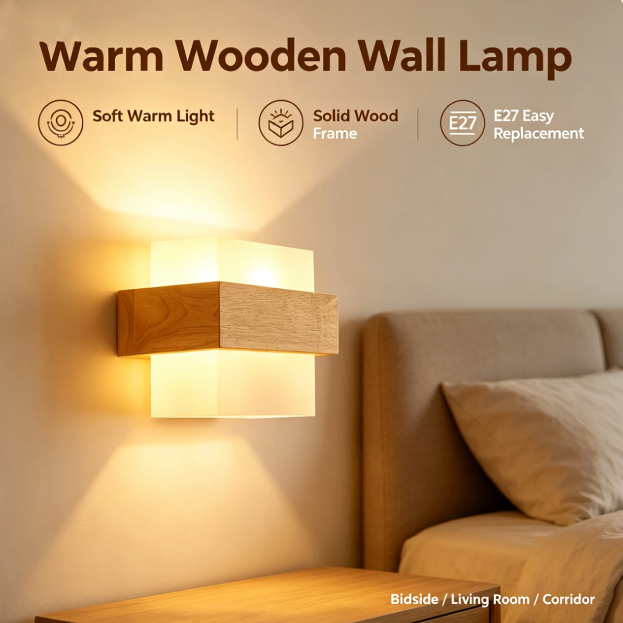 Minimalist Solid Wood Wall Sconce E27 Socket Modern Wooden Wall Light for Bedroom Bedside Living Room Corridor Decor