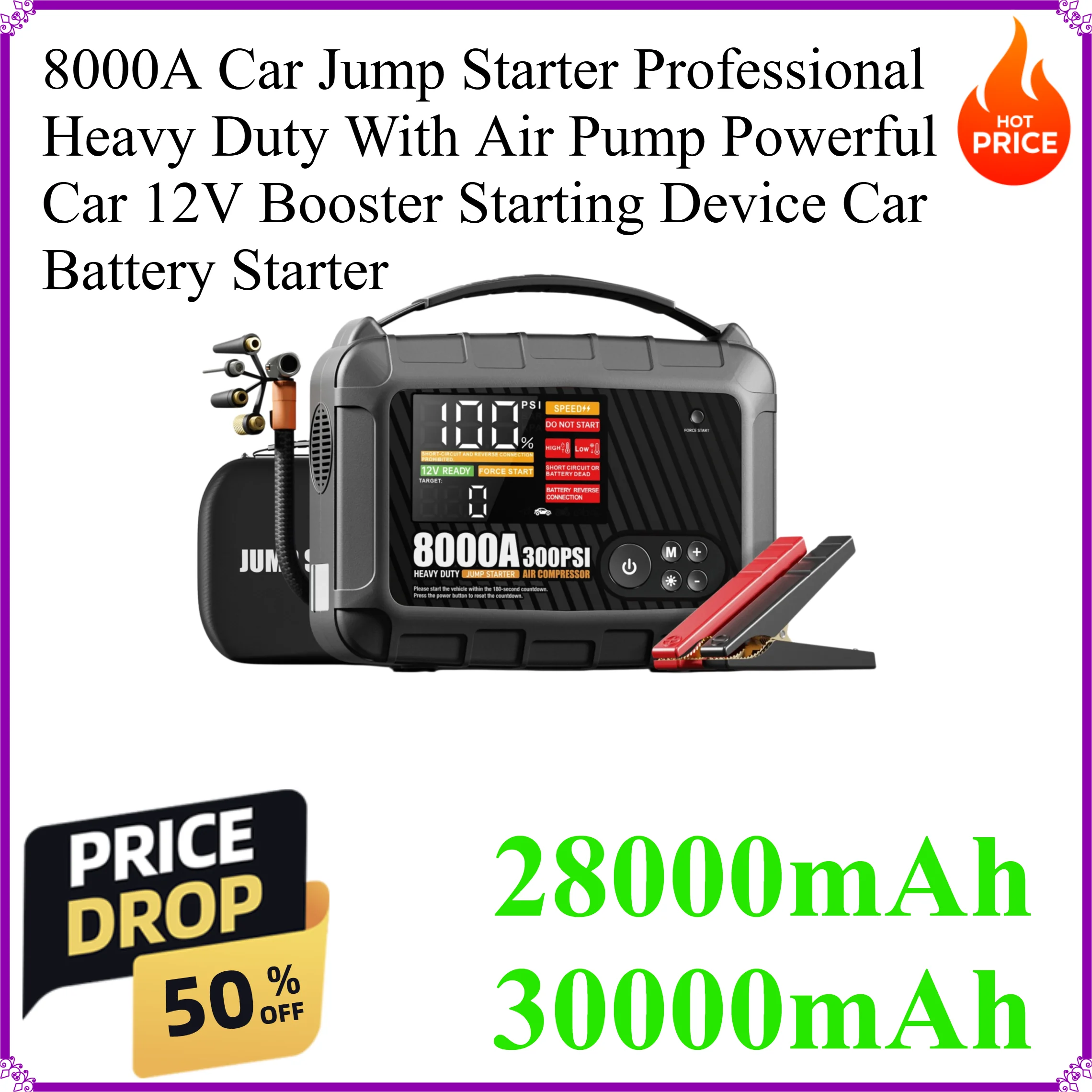 8000A Car Jump Starter Professional Heavy Duty With Air Pump Powerful Car 12V Booster Starting Device Car Battery Starter