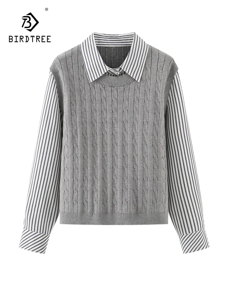 

Новый зимний свитер из смеси хлопка 2025, женский полосатый свитер с лацканами, шикарный вязаный свободный пуловер Mori Girl из 2 предметов T5N528CC