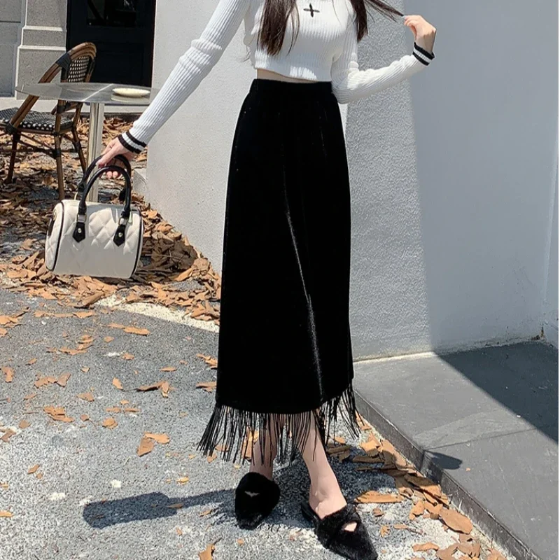 

Темперамент, осень-зима, новая женская однотонная эластичная юбка с высокой талией и кисточками, корейская модная офисная женская юбка трапециевидной формы миди с запахом на бедрах