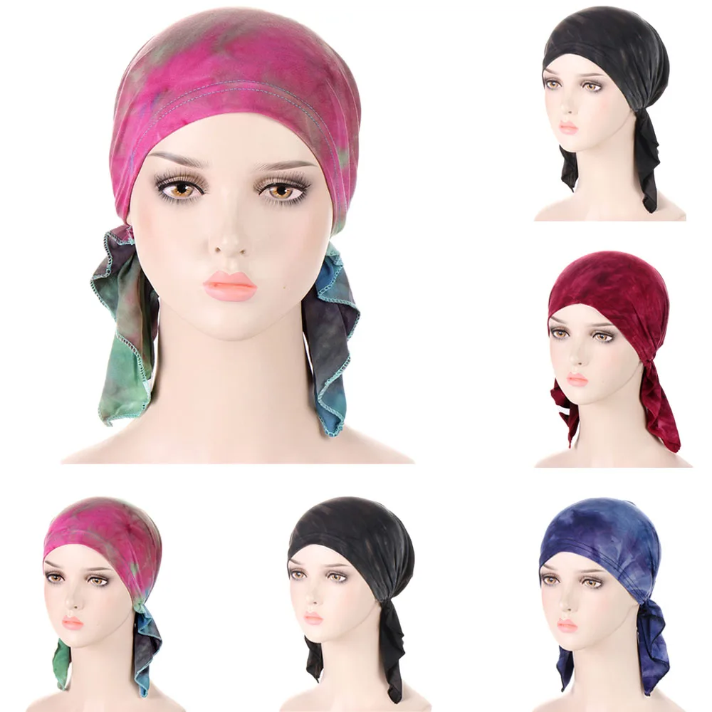 Kerudung wanita pra-diikat topi Dalaman elastis topi Kemo Muslim dicetak Bandana kanker rambut rontok topi Bonnet wanita Turban Mujer