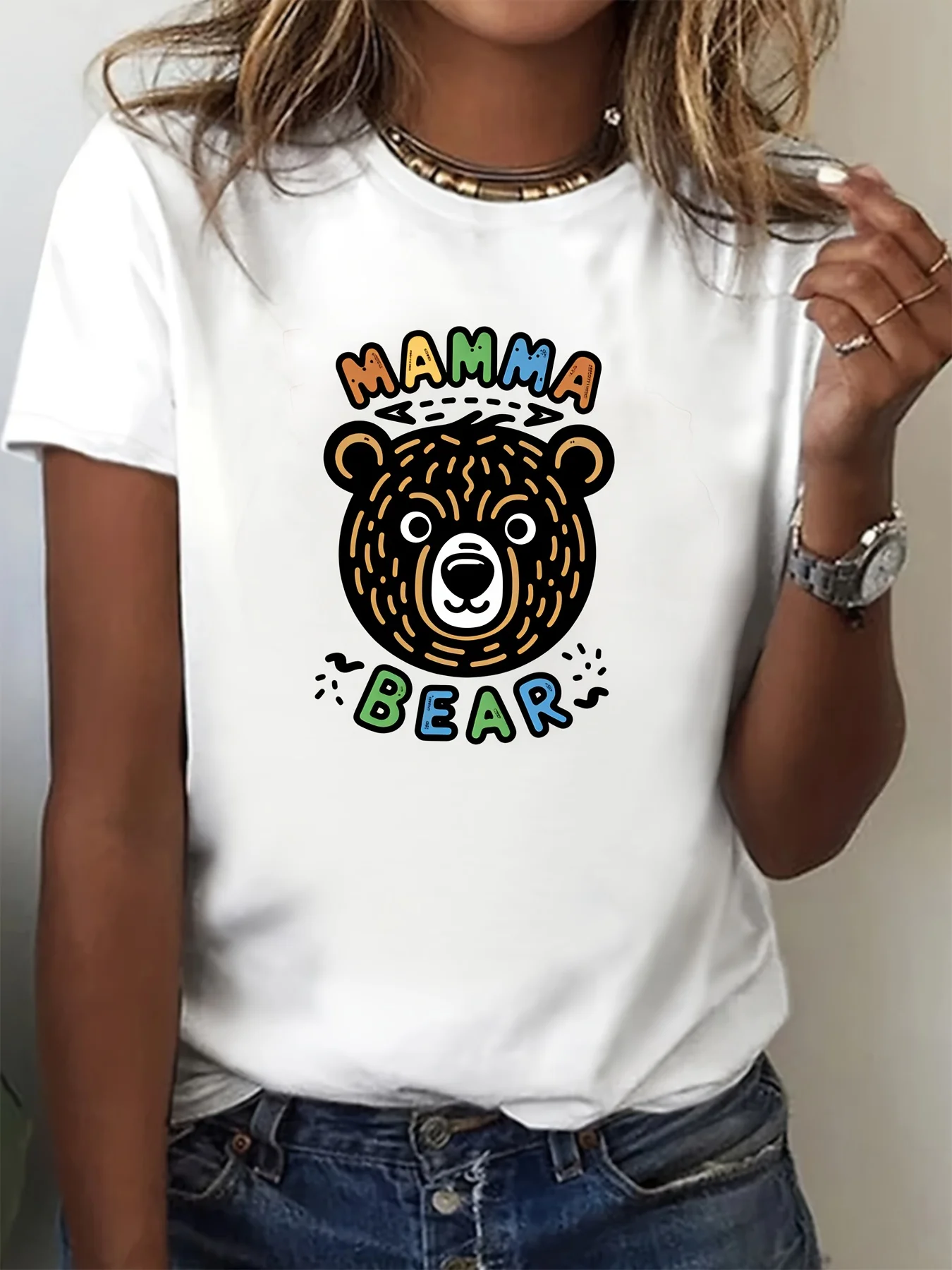 

Bear & Letter Print Crew Neck T-shirt, Casual Short Sleeve Top For Spring & Fall, Women's Clothing shirts