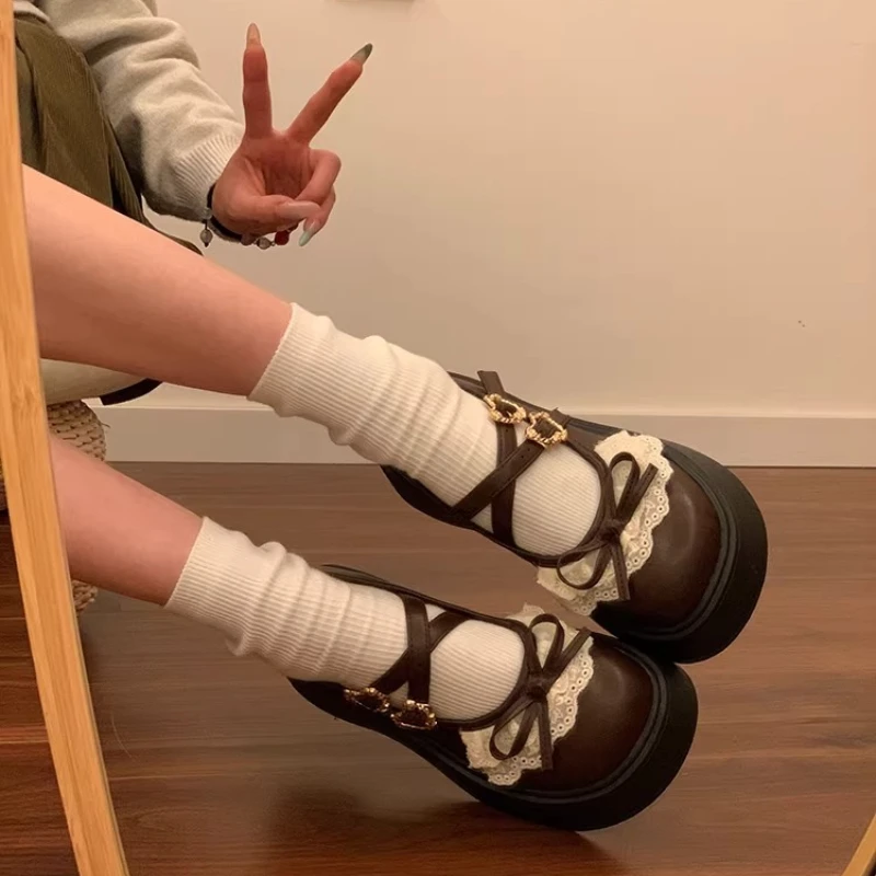 

Brown platform bow lace small leather shoes women's spring 2026 new models with skirts French Mary Jane single shoes for women
