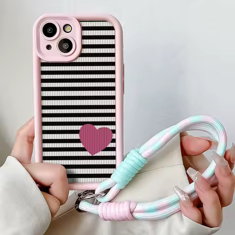Wrist Chain Lanyard Case For Xiaomi 14 12 13 13T 11T 12T Poco X6 X5 X3 F3 F5 Pro Lite Stripes Love Heart Soft Hang Strap Cover