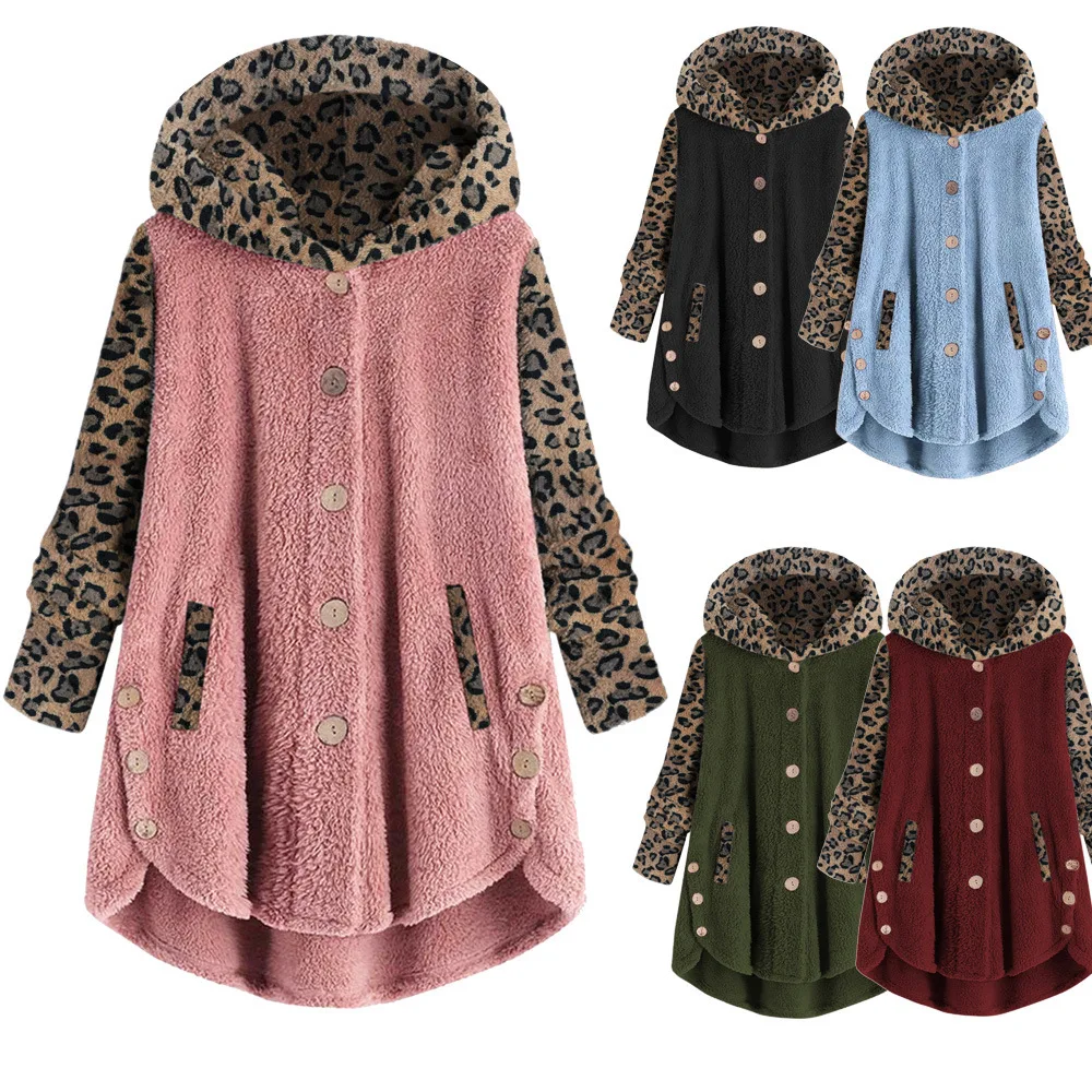 

2025 Autumn Winter New Fashion Leopard Print Women Casual Jacket Simple Splicing Female Long Sleeved Hooded Plush Coat